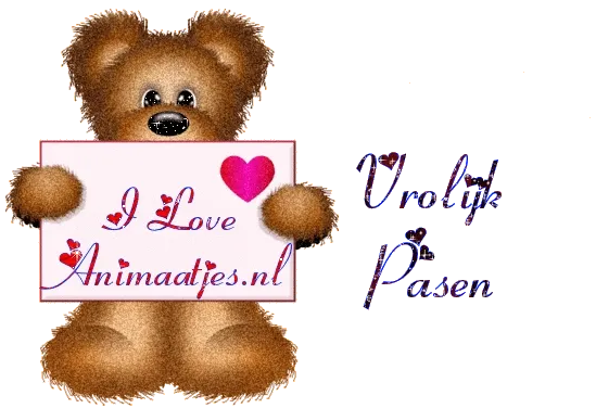 Een schattige teddybeer met een bord waarop "Ik hou van Animaatjes.nl" staat.