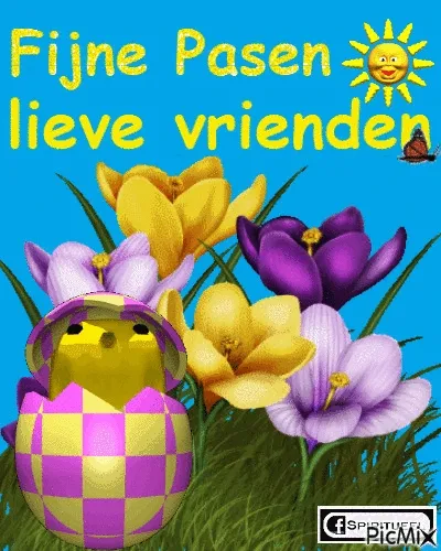Kleurige bloemen en een paaskip met "Fijne Pasen, lieve vrienden" erboven.