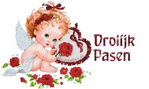 Een schattige baby met krullen, omgeven door bloemen en een paasgroet.