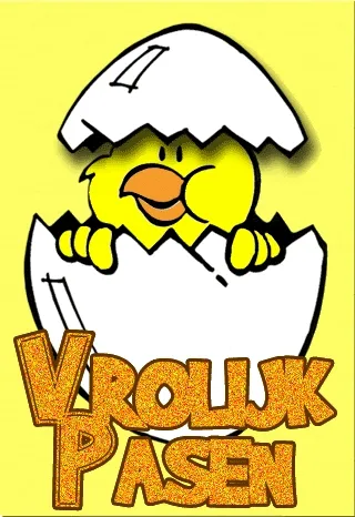 Eendje komt uit een ei, met de tekst "Vrolijk Pasen" eronder.