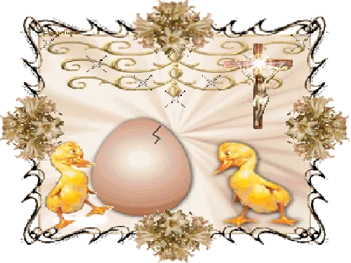 Twee kuikens naast een gebroken ei, versierd met gouden ornamenten.