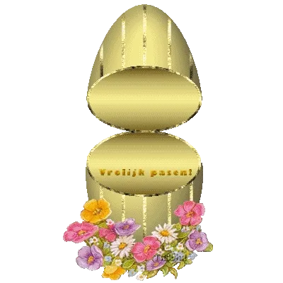 Gouden paasei met bloemen en de tekst 'Vrolijk pasen!' onderaan.