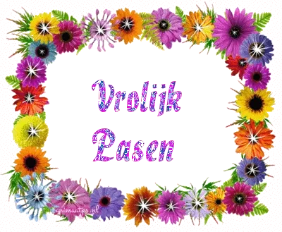 Kleurige bloemenrand met de tekst 'Vrolijk Pasen' in het midden.