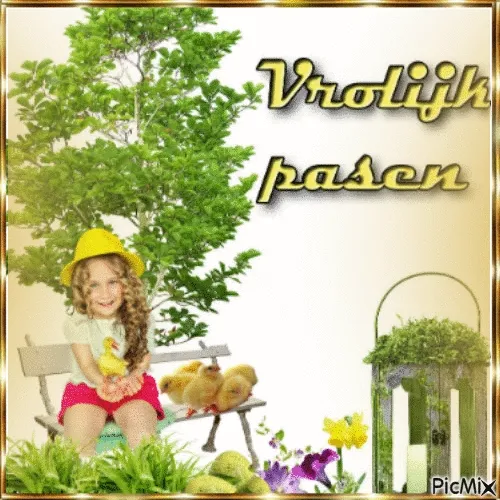 Een meisje met een hoed zit op een bankje tussen planten en Pasen decoraties.