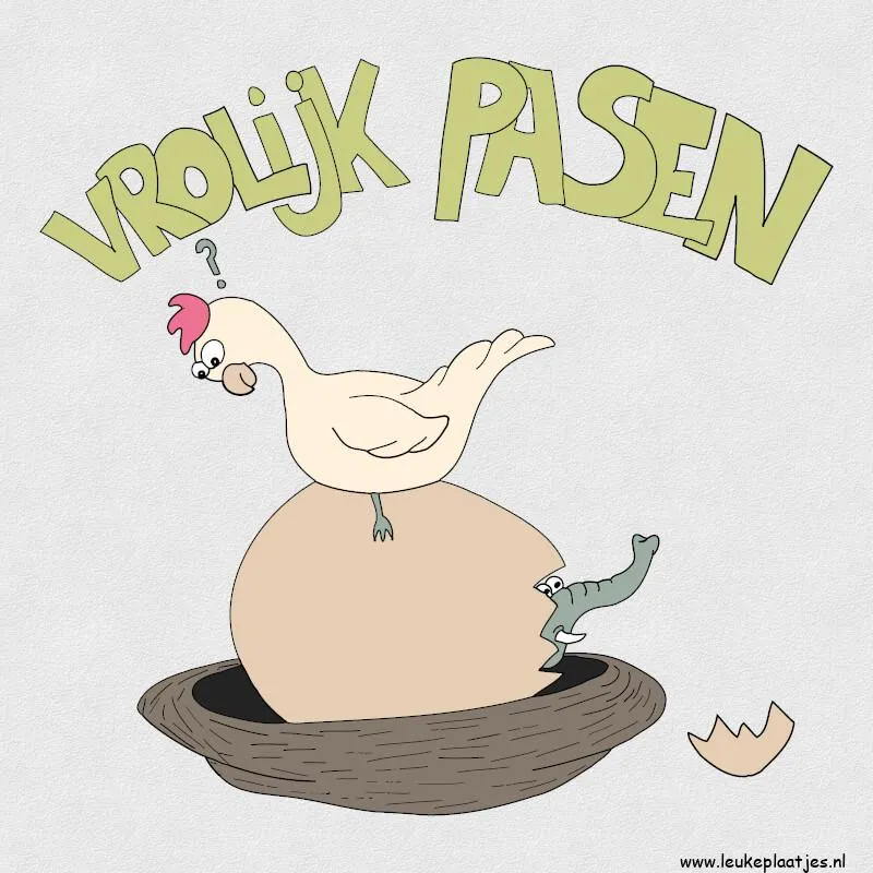 Een kuiken komt uit een ei terwijl een kip verrast kijkt. Tekst boven: "Vrolijk Pasen".