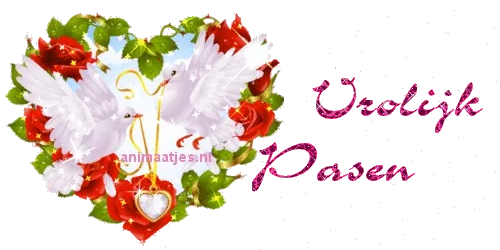 ᐅ vrolijk pasen tekst - Pasen Plaatjes en Gifs plaatjes Hartvormige afbeelding met rozen en witte duiven, tekst "Vrolijk Pasen".