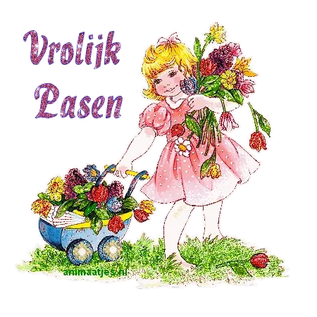 ᐅ vrolijk pasen tekst - Pasen Plaatjes en Gifs plaatjes Een meisje in een roze jurk verzamelt bloemen in een kar voor Pasen.