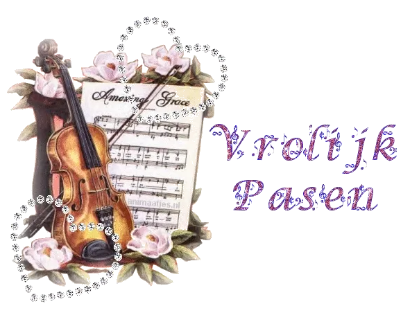 ᐅ vrolijk pasen tekst - Pasen Plaatjes en Gifs plaatjes Een viool met muzieknoten en bloemen, met de tekst "Vrolijk Pasen".
