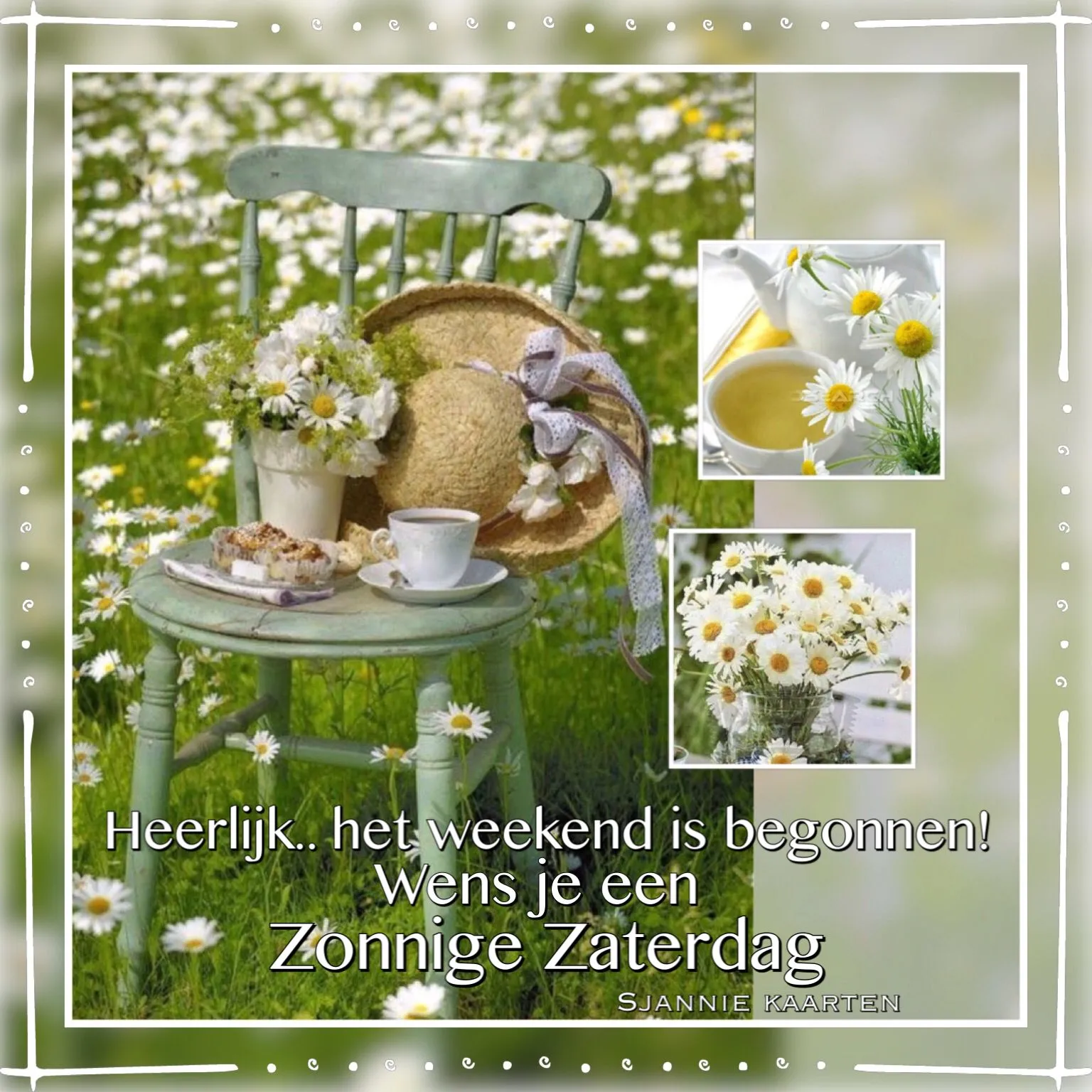 Groene stoel met bloemen en een boodschap voor een zonnige zaterdag.