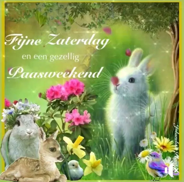 Zacht groene achtergrond met konijnen, bloemen en tekst voor Pasen.