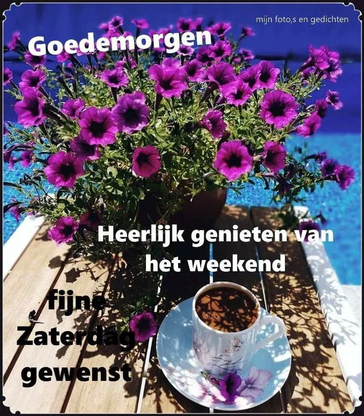 Van bloemen omringde koffiemok met de tekst "Goedemorgen, fijn zaterdag gewenst".