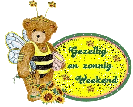 Een schattige teddybeer met bijenaccessoires en de tekst 'Gezellig en zonnig Weekend'.