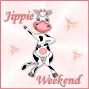 Een blije koe danst met de tekst 'Jippie Weekend'.