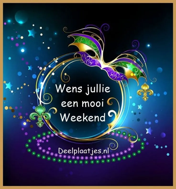 Kleurrijke achtergrond met tekst: 'Wens jullie een mooi Weekend'. Feestelijke versiering.