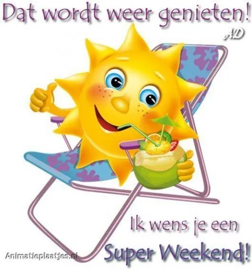 Vrolijke zon met een cocktail in een ligstoel, wenst een fijn weekend.