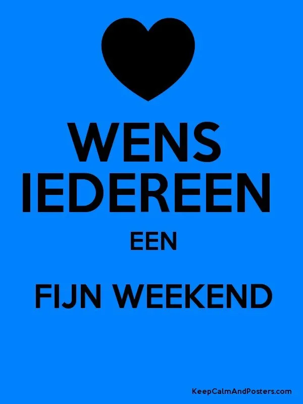 Zwarte hart symbol met tekst: "WENS IEDEREEN EEN FIJN WEEKEND" op een blauwe achtergrond.