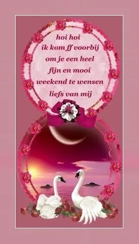 Witte zwanen op een achtergrond met een zonsondergang en lieve tekst.