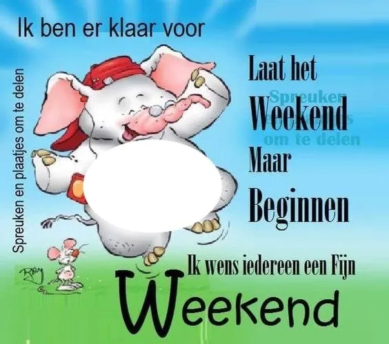 Een tekening van een vrolijke olifant die het weekend verwelkomt.