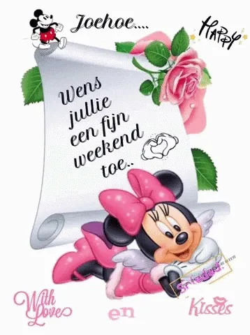 Minnie Mouse met een roos en een tekstwens voor een fijn weekend.