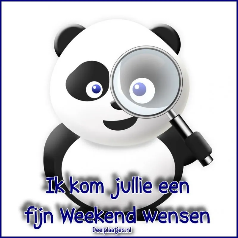 Panda met een vergrootglas en de tekst: "Ik kom jullie een fijn Weekend wensen."