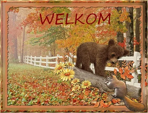 Een bruine beer en een eekhoorn bij een hek in een herfstlandschap met bloemen.