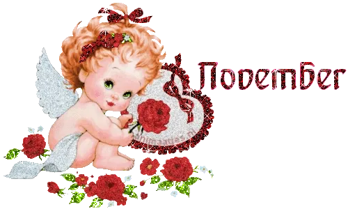 Een schattige engel met rozen, omringd door het woord "November".