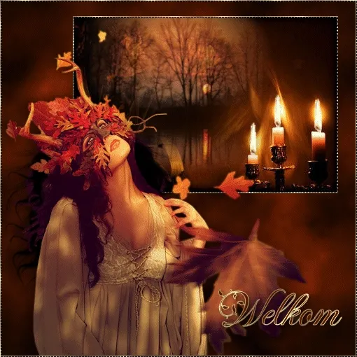 Vrouw met een bladerenmasker naast een herfstlandschap en kaarsen. Welkom tekst.