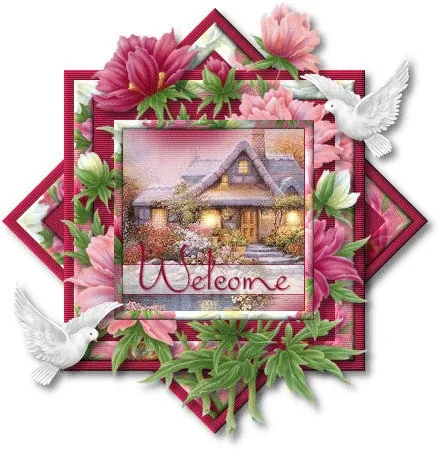 Een schilderachtig huis omringd door bloemen en vogels met de tekst "Welcome".