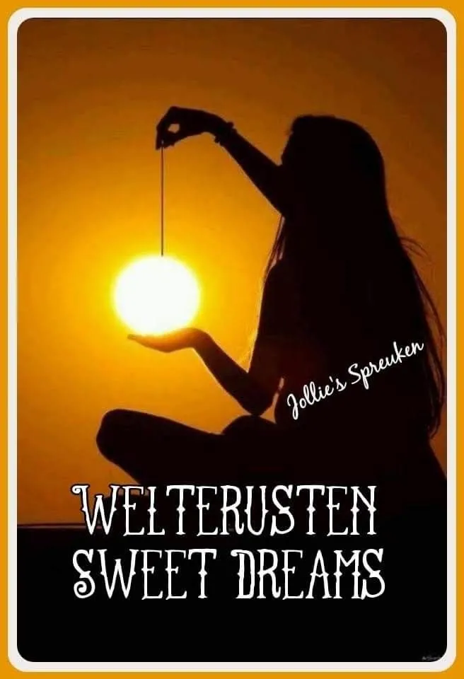 ᐅ welterusten afbeeldingen met tekst - Welterusten plaatjes Silhouet van een vrouw die een zon houdt met de tekst "Welterusten Sweet Dreams".