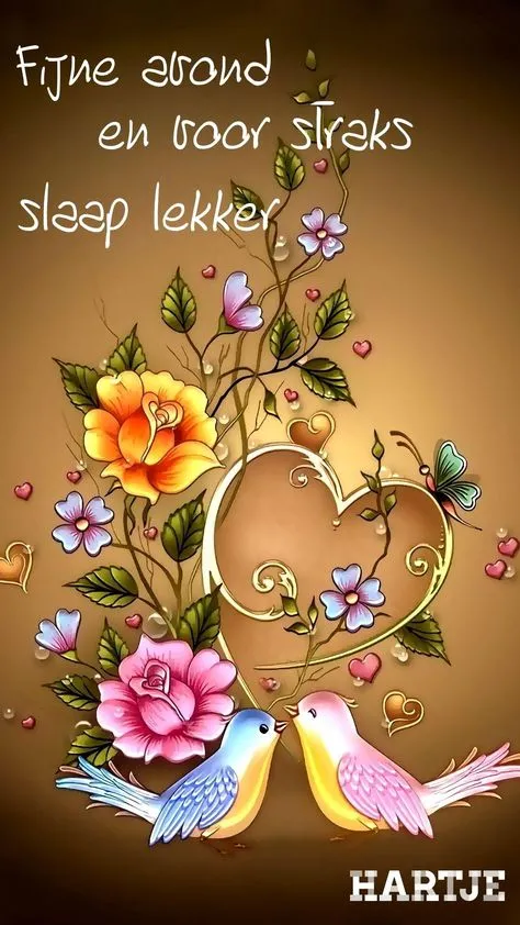 ᐅ welterusten afbeeldingen met tekst - Welterusten plaatjes Twee vogels bij een hart met bloemen en de tekst "slaap lekker."