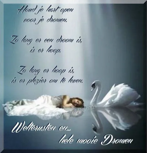 ᐅ welterusten afbeeldingen met tekst - Welterusten plaatjes Vrouw ligt op een bed van water met een zwaan en inspireert hoop en dromen.