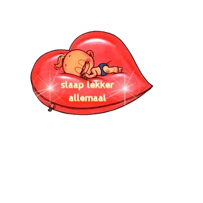 ᐅ welterusten afbeeldingen met tekst - Welterusten plaatjes Een slapende baby op een hartvormige luchtbed met de tekst "slaap lekker allemaal".