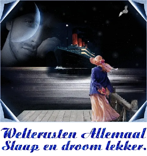 ᐅ welterusten afbeeldingen met tekst - Welterusten plaatjes Een vrouw in een roze hoed kijkt naar een schip onder de maan. Tekst onderaan: "Welterusten allemaal."