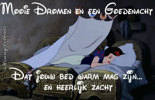 ᐅ welterusten afbeeldingen met tekst - Welterusten plaatjes Sneeuwwitje ligt slapend in haar bed met een dekentje over zich heen.