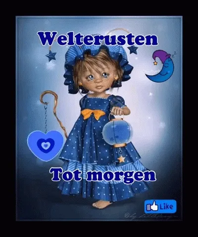 Een schattig meisje in een blauwe jurk met een lantaarn en tekst over welterusten.