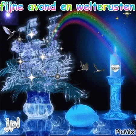 Fantasierijke afbeelding met bloemen, kaarslicht en een regenboog. Fijne avond!