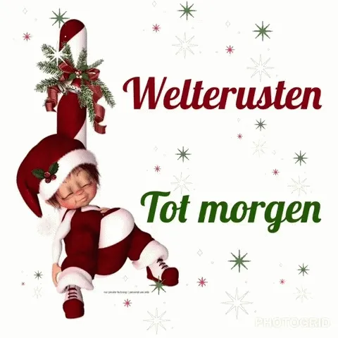 Een schattige kerstelf met tekst: "Welterusten, tot morgen."