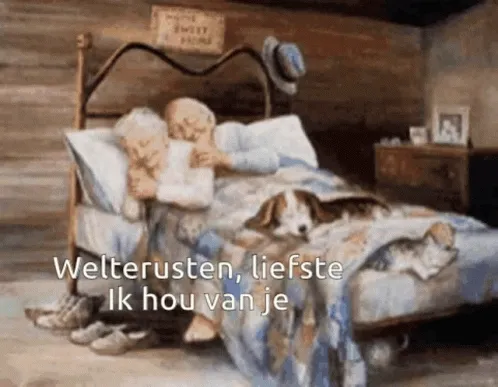 Oud koppel slaapt samen in bed, met een hondje aan hun voeten.