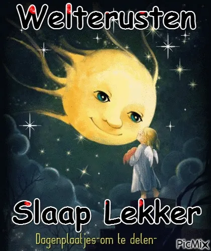Een meisje kijkt naar een grote glimlachende zon in de lucht. Tekst: Welterusten Slaap Lekker.