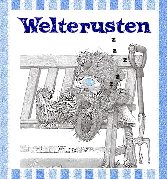 Zacht teddybeer slaapt op een bankje met een schep ernaast. Tekst: Welterusten.