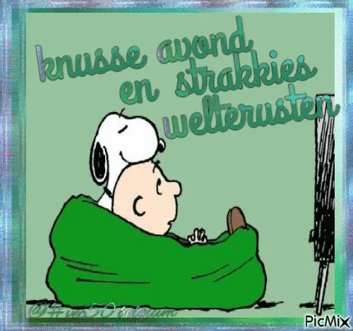 Snoopy ligt op Charlie Brown's hoofd terwijl hij ontspannen in een deken zit.
