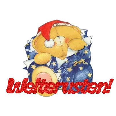 Een schattige teddybeer in pyjama met een kerstmis muts, met de tekst "Welterusten!"