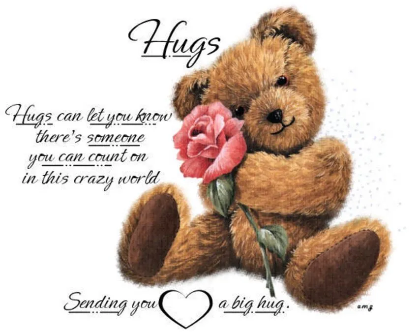 Een schattige teddybeer met een roos en de tekst over knuffels en steun.