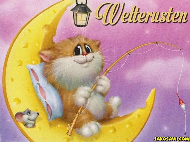 Een schattige kat zit op een maan met een hengel en een muisje op de achtergrond.