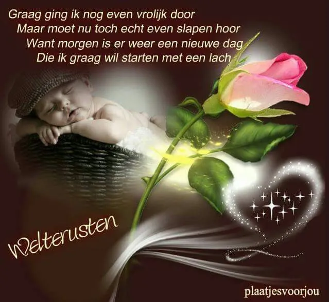 Afbeelding van een slapende baby met een roos en een geruststellende boodschap.