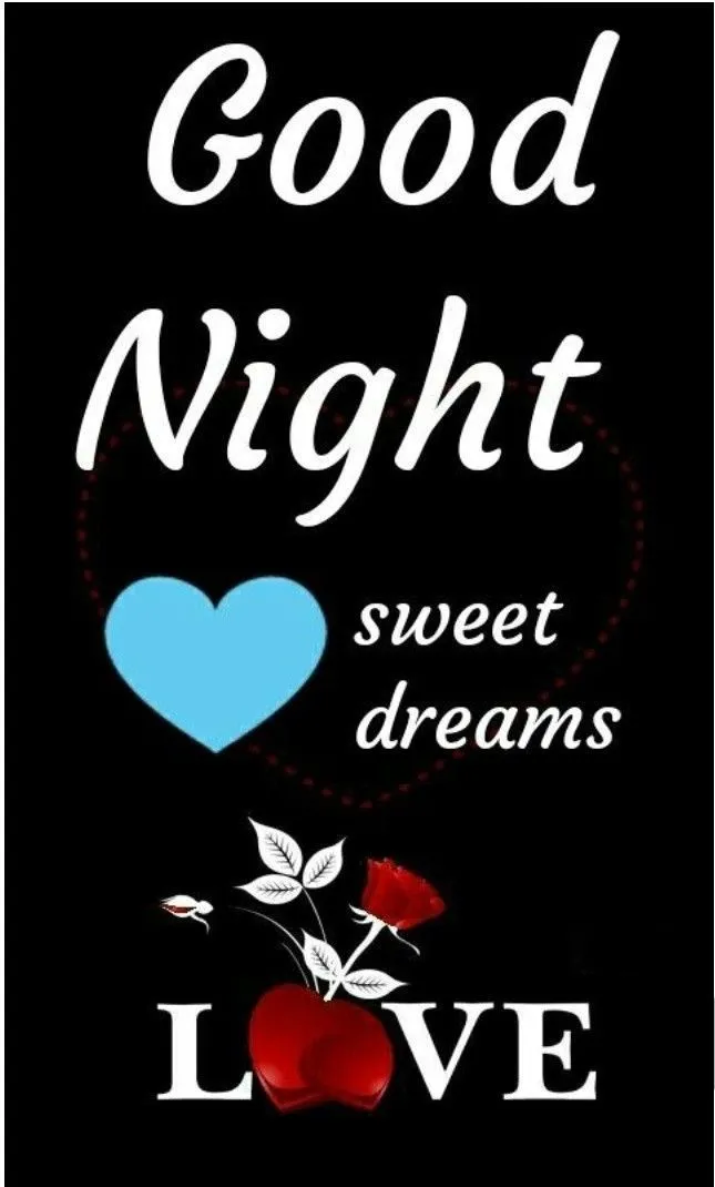 Tekst met "Goede Nacht", een blauw hart en rozen met het woord "LIEFDE".