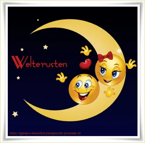 Twee glimlachende sterren en een maan met de tekst "Welterusten".