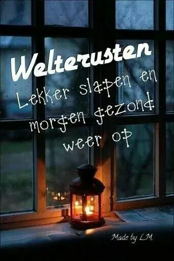 ᐅ welterusten slaap lekker - Welterusten plaatjes Een venster met een lampje en de tekst "Welterusten" en "Lekker slapen".
