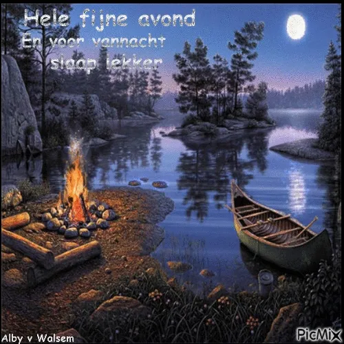 ᐅ welterusten slaap lekker - Welterusten plaatjes Nachtlandschap met een kampvuur, een meer en een kano onder de volle maan.