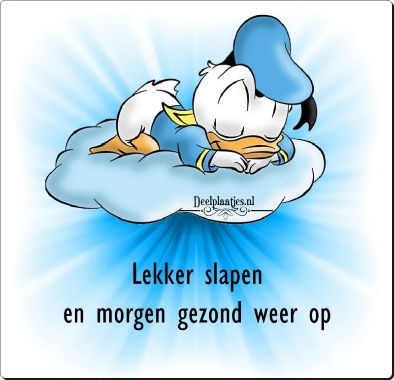 ᐅ welterusten slaap lekker - Welterusten plaatjes Donald Duck slaapt op een wolk met de tekst: "Lekker slapen en morgen gezond weer op."